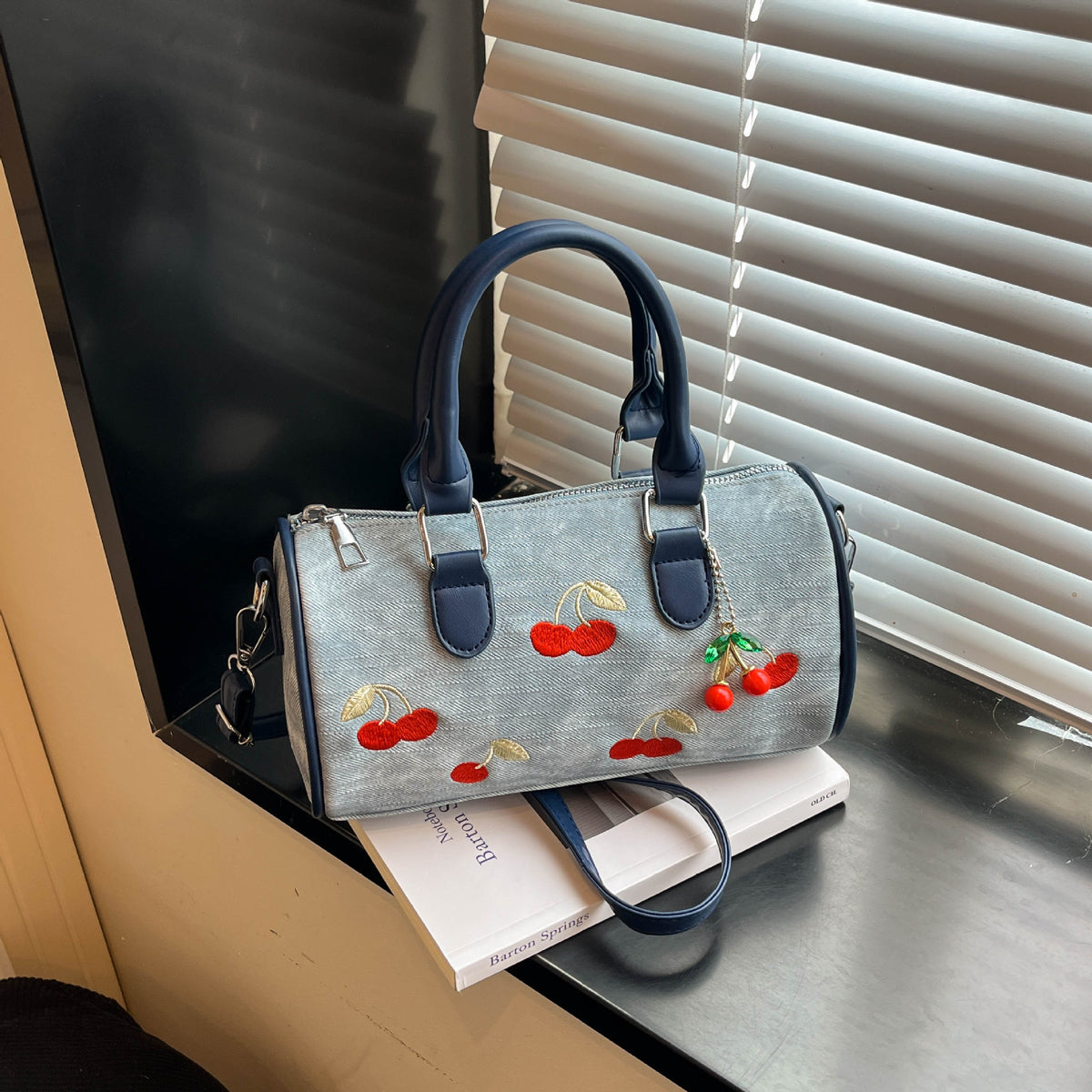 Women's Cherry Embroidered Denim Boston Bag – Vintage Everyday Handbag