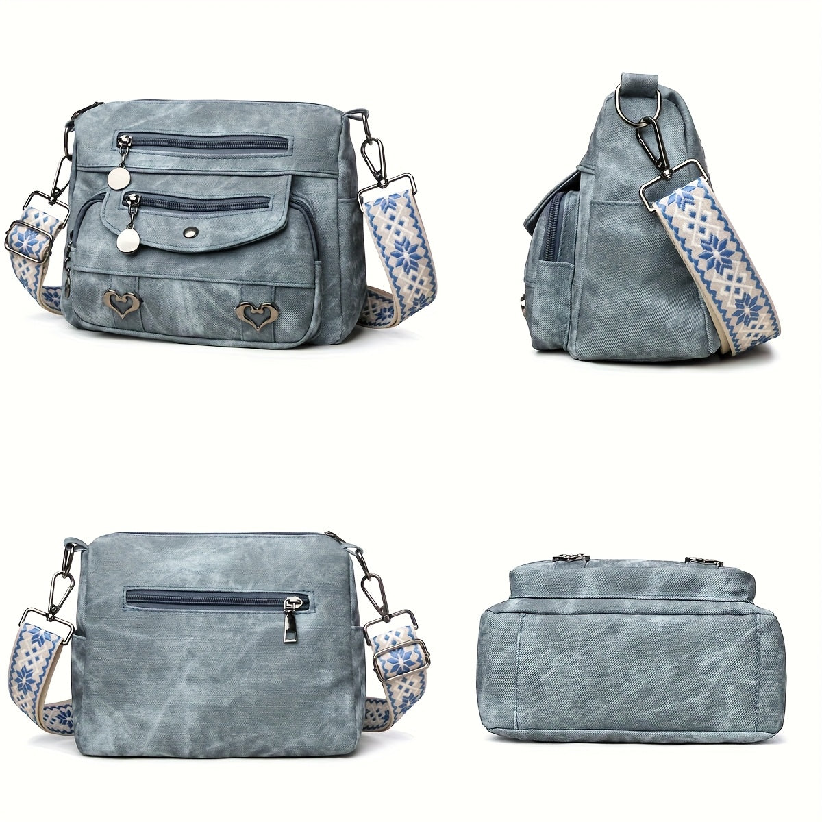 Women’s Denim Textured Crossbody Bag – Multi-Zip Everyday Shoulder Purse