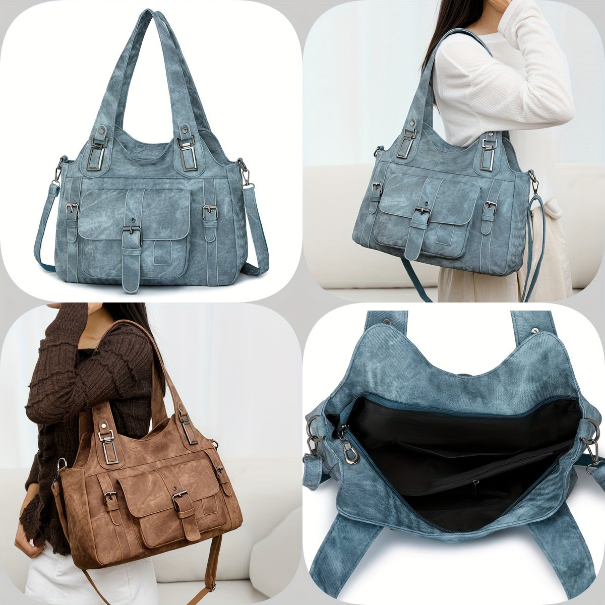 Women’s Vintage Tote Bag – Large Capacity Shoulder Purse with Detachable Strap