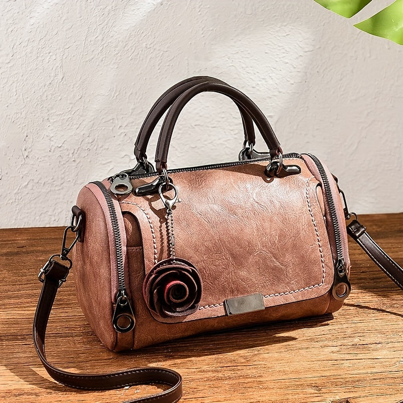 Women’s Vintage Rose Boston Bag – Large Capacity Crossbody Shoulder Purse