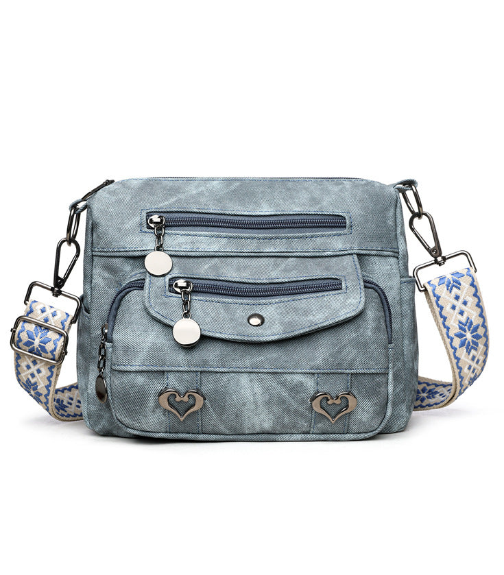 Women’s Denim Textured Crossbody Bag – Multi-Zip Everyday Shoulder Purse