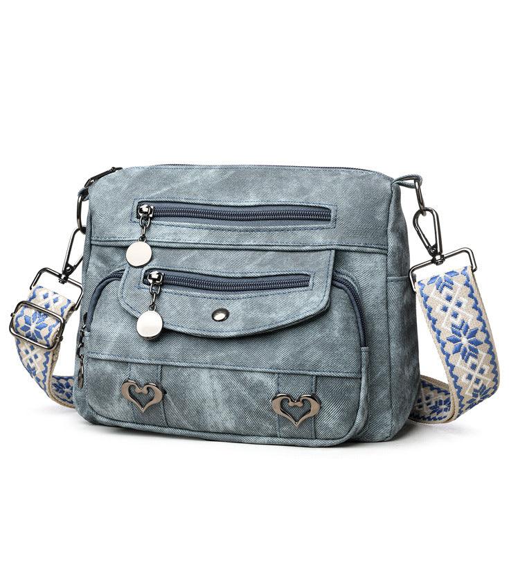 Women’s Denim Textured Crossbody Bag – Multi-Zip Everyday Shoulder Purse