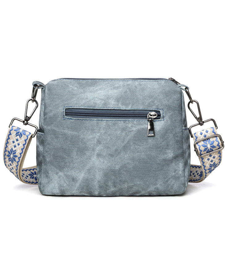 Women’s Denim Textured Crossbody Bag – Multi-Zip Everyday Shoulder Purse