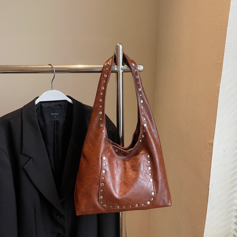 Vintage Studded Leather Shoulder Bag – Spacious Everyday Tote for Women