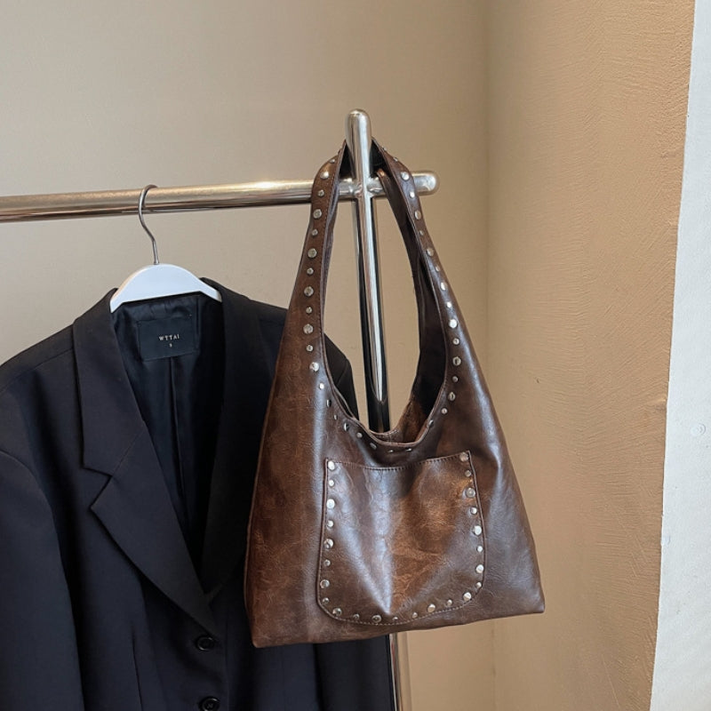 Vintage Studded Leather Shoulder Bag – Spacious Everyday Tote for Women