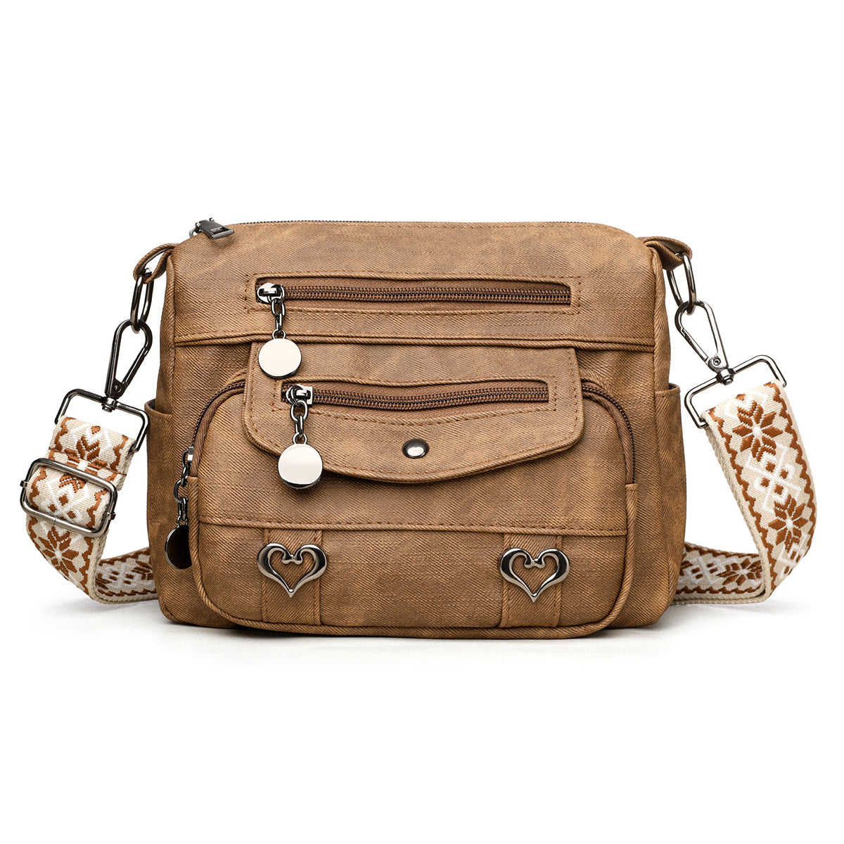 Women’s Denim Textured Crossbody Bag – Multi-Zip Everyday Shoulder Purse