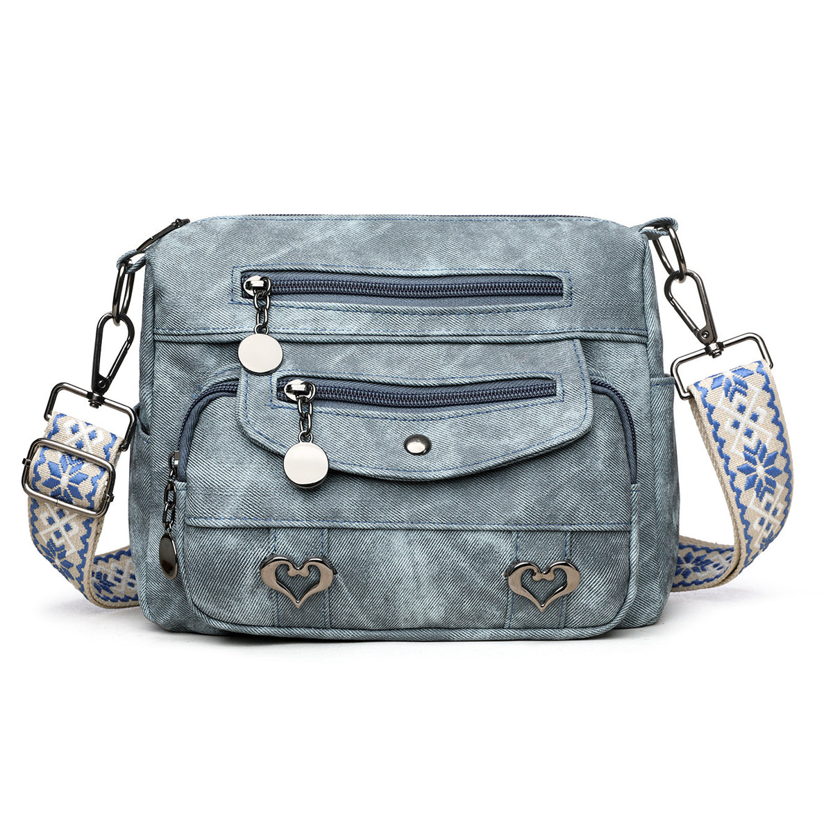 Women’s Denim Textured Crossbody Bag – Multi-Zip Everyday Shoulder Purse