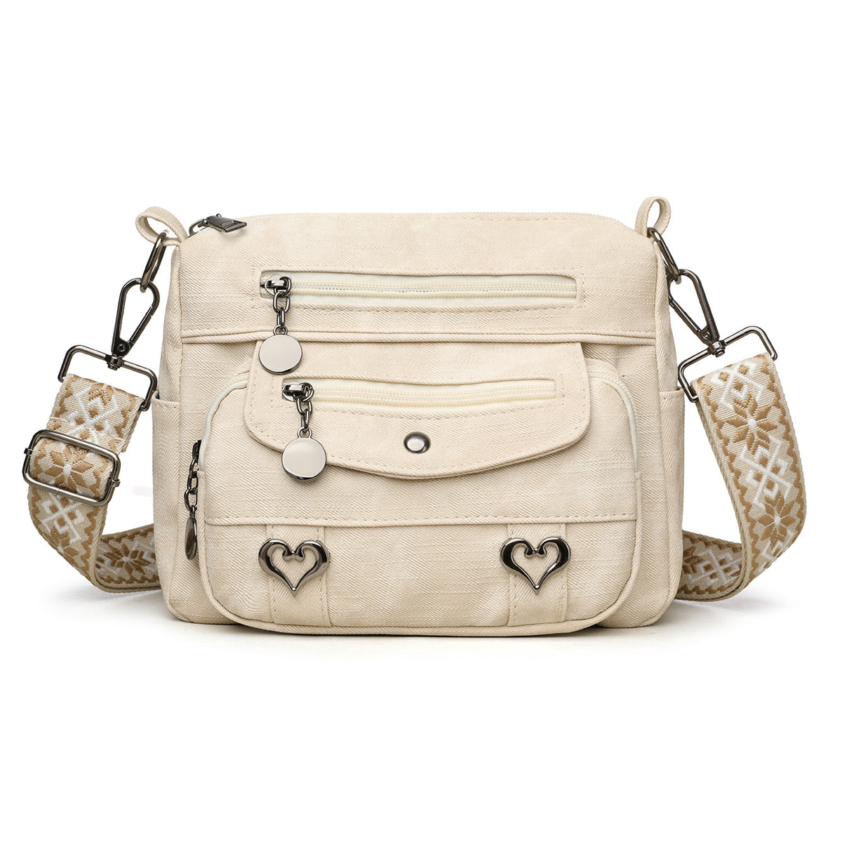 Women’s Denim Textured Crossbody Bag – Multi-Zip Everyday Shoulder Purse