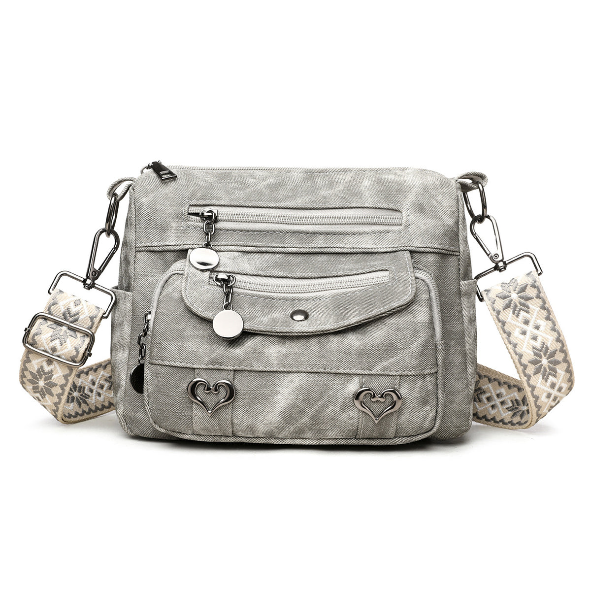 Women’s Denim Textured Crossbody Bag – Multi-Zip Everyday Shoulder Purse