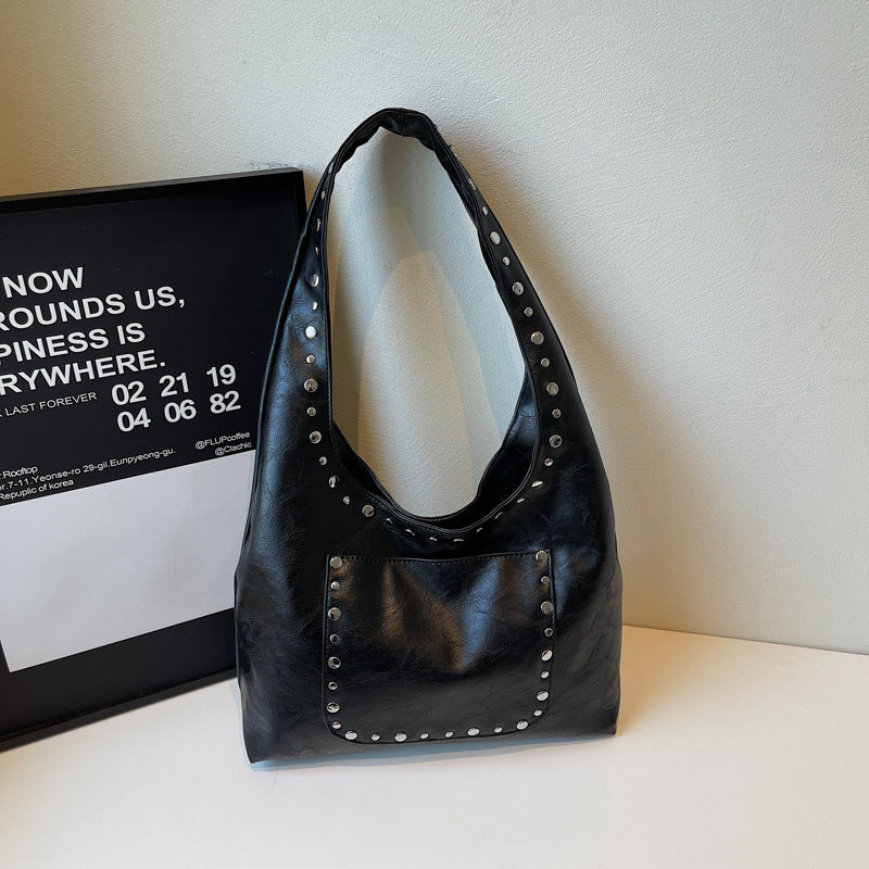 Vintage Studded Leather Shoulder Bag – Spacious Everyday Tote for Women