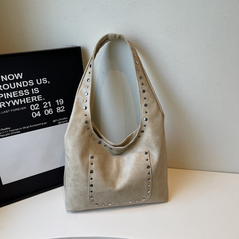 Women's Studded Vintage Leather Tote Bag – Large Capacity Shoulder Handbag