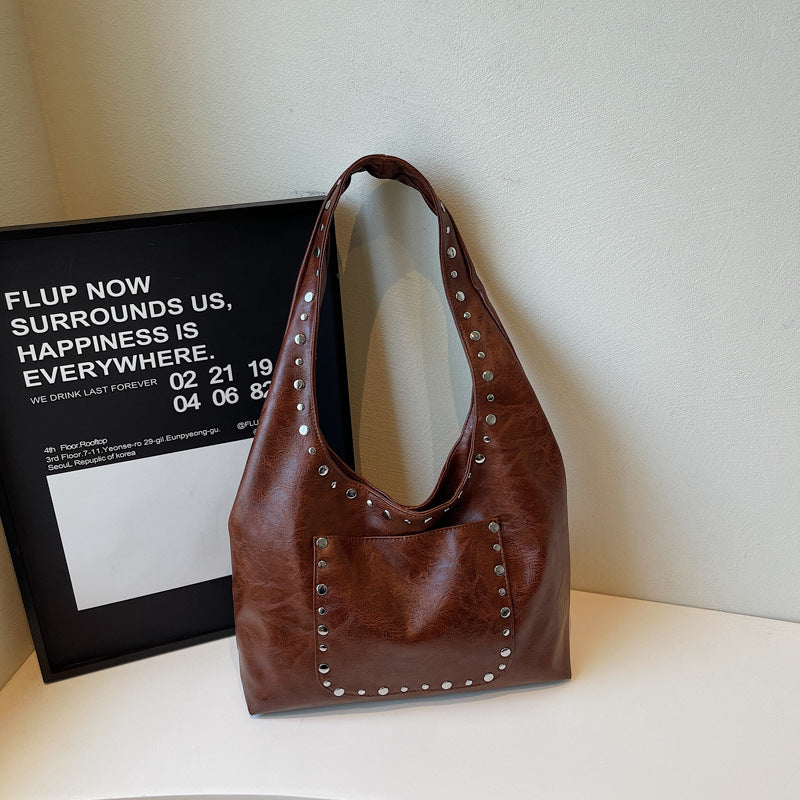 Vintage Studded Leather Shoulder Bag – Spacious Everyday Tote for Women