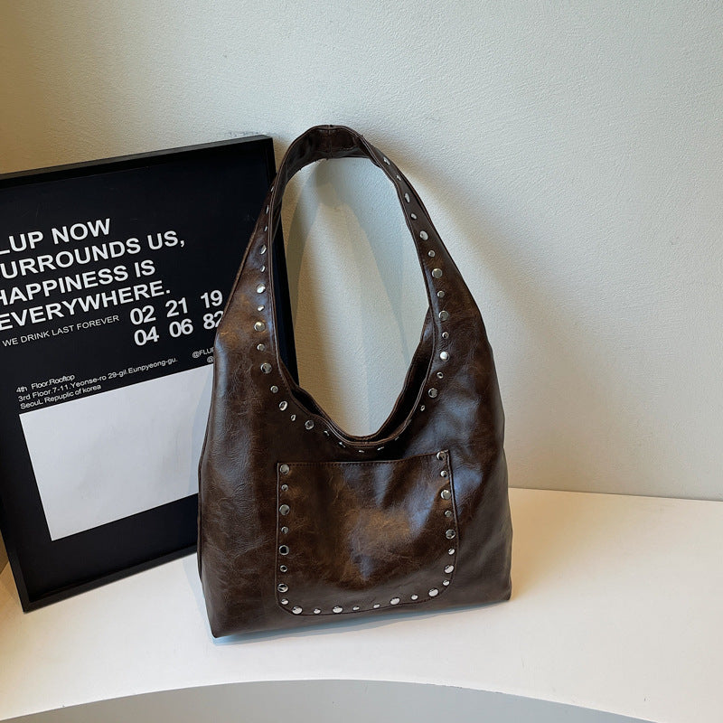 Vintage Studded Leather Shoulder Bag – Spacious Everyday Tote for Women